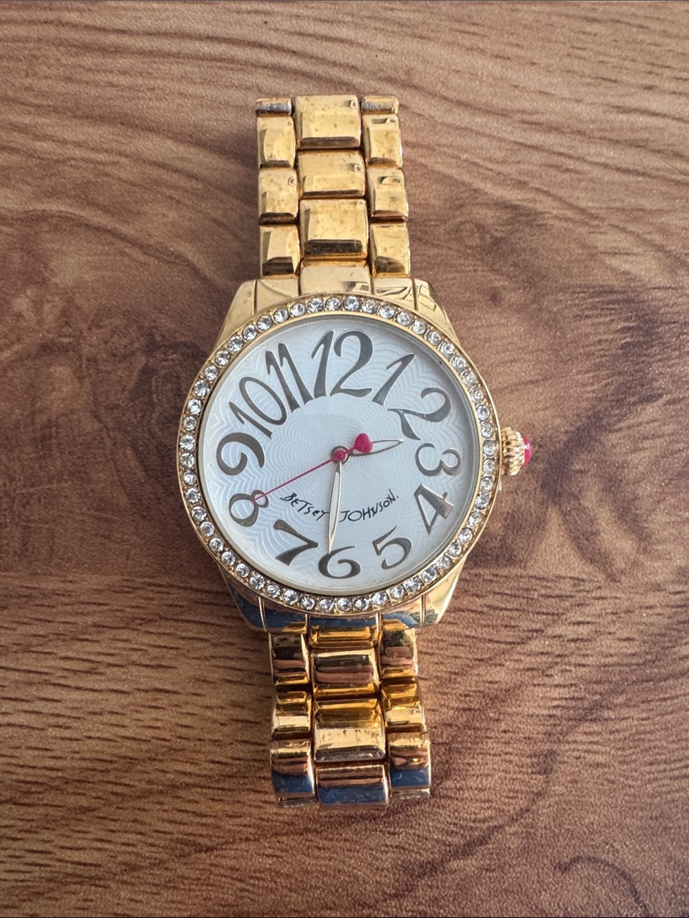 Betsey Johnson Gold Tone Crystal-Trim Women's Bracelet Watch with White Dial